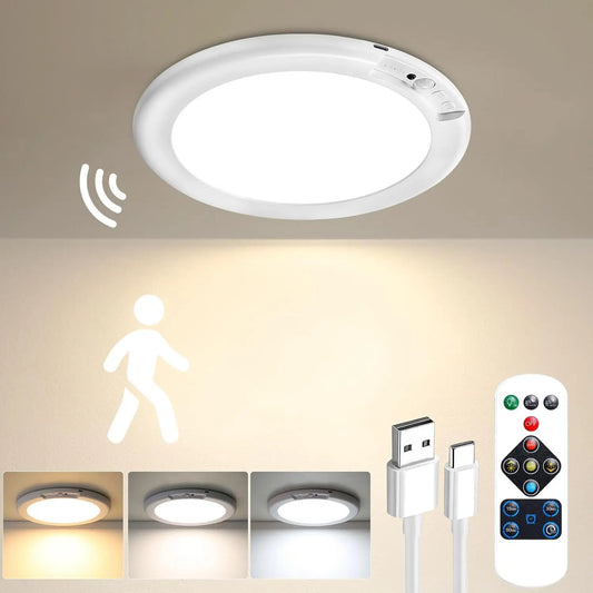 Rechargeable Wireless Motion Sensor Ceiling Light with Remote Control - Magnetic Battery-Powered Fixture for Closets, Showers, Stairs, Sheds, Hallways, Porches, and Patios